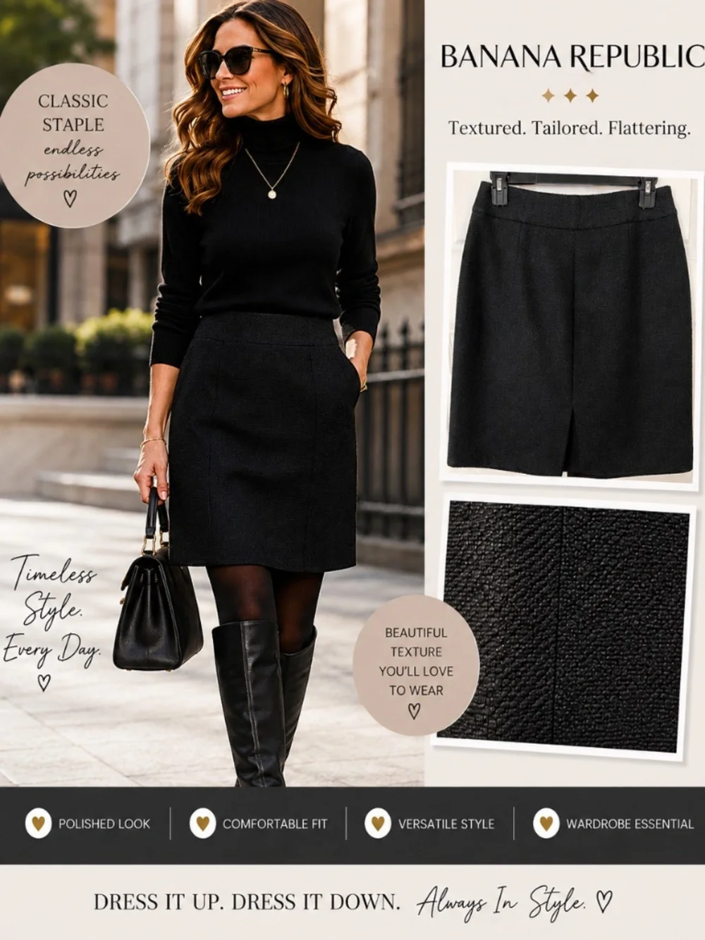 Banana Republic Textured Black Pencil Skirt | Size 4 | Classic Career & Workwear